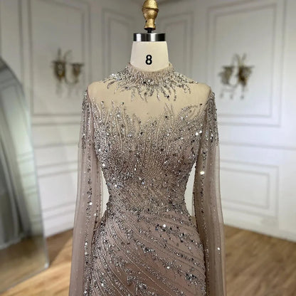 Luxury Black Nude Mermaid Evening Dresses with Cape Sleeves LA71885A