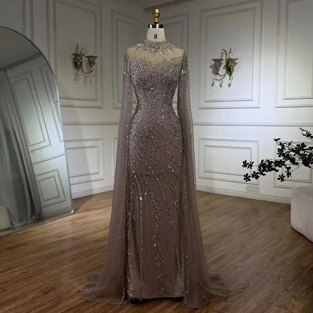 Luxury Black Nude Mermaid Evening Dresses with Cape Sleeves LA71885A