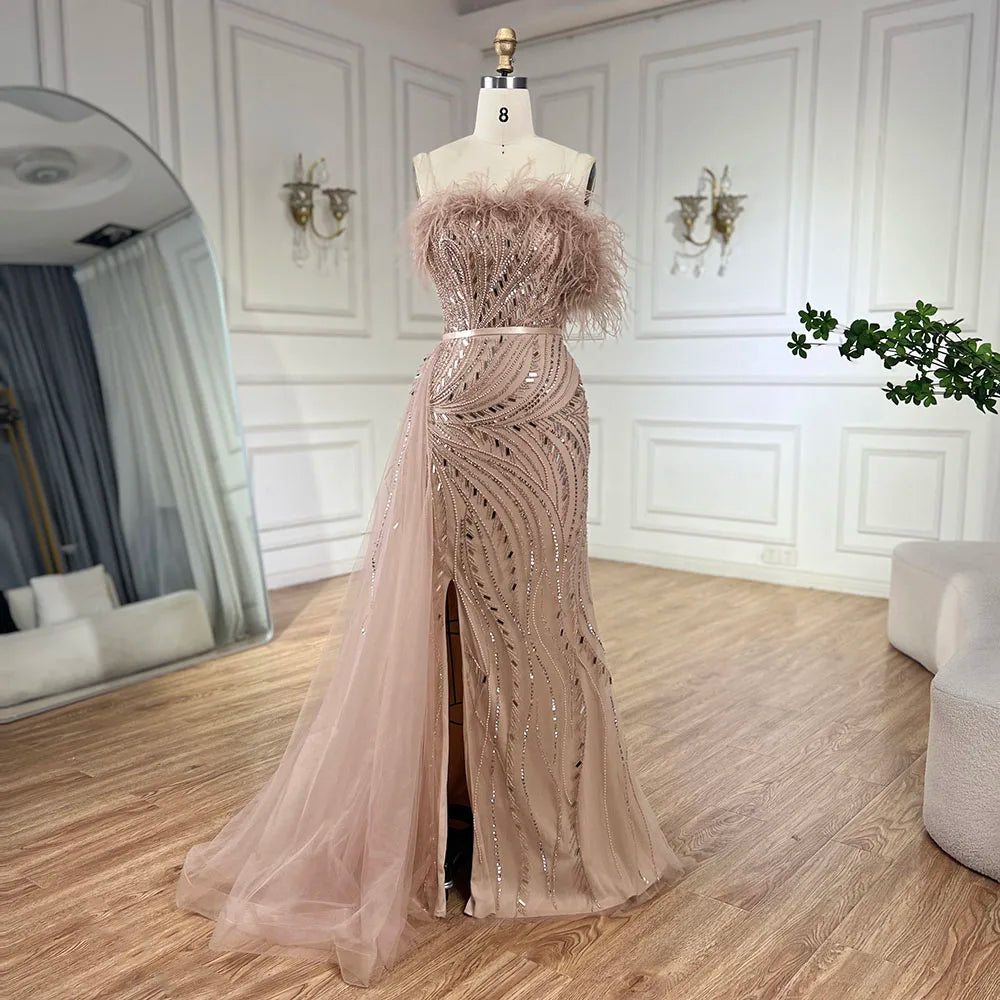 Luxury Nude Mermaid Evening Dress Overskirt Feather Beaded Split LA72311