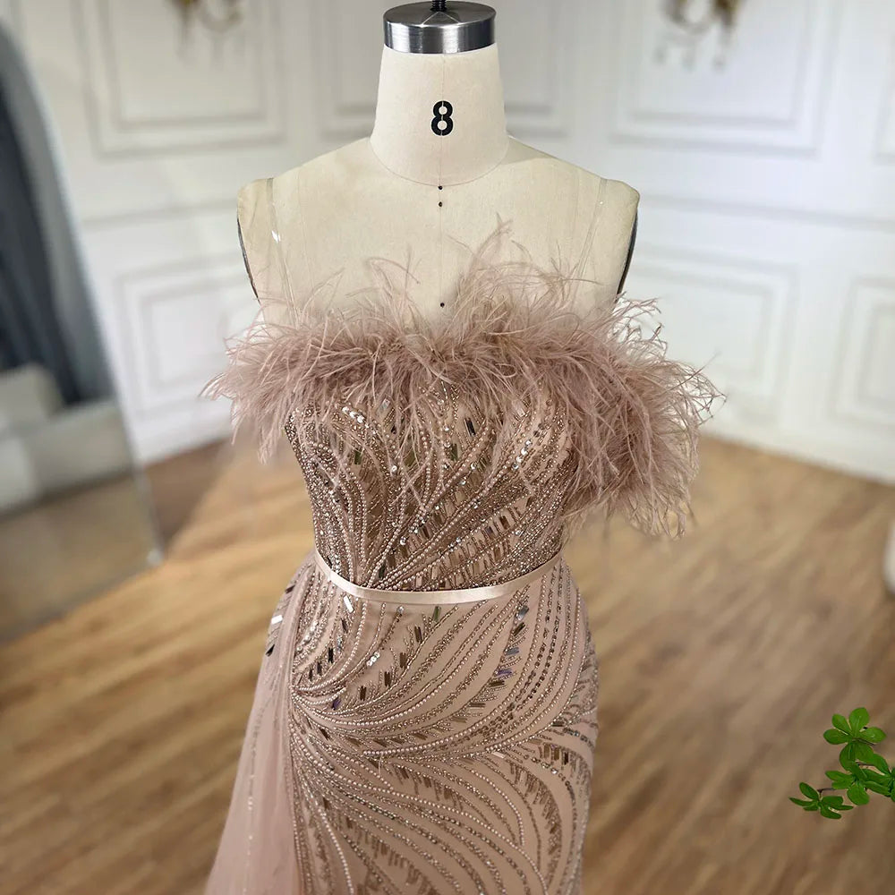 Luxury Nude Mermaid Evening Dress Overskirt Feather Beaded Split LA72311