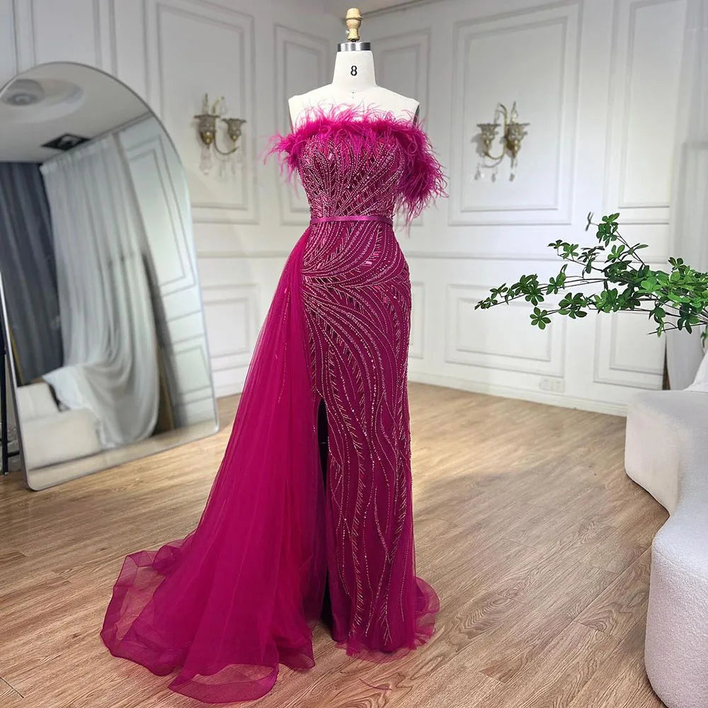 Luxury Nude Mermaid Evening Dress Overskirt Feather Beaded Split LA72311