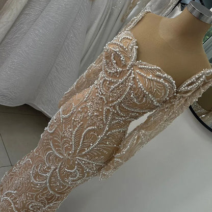 Luxury Dubai  Nude Mermaid Luxury Pearls Beaded Arabic Evening Gowns for Formal Occasion Dress LA72648