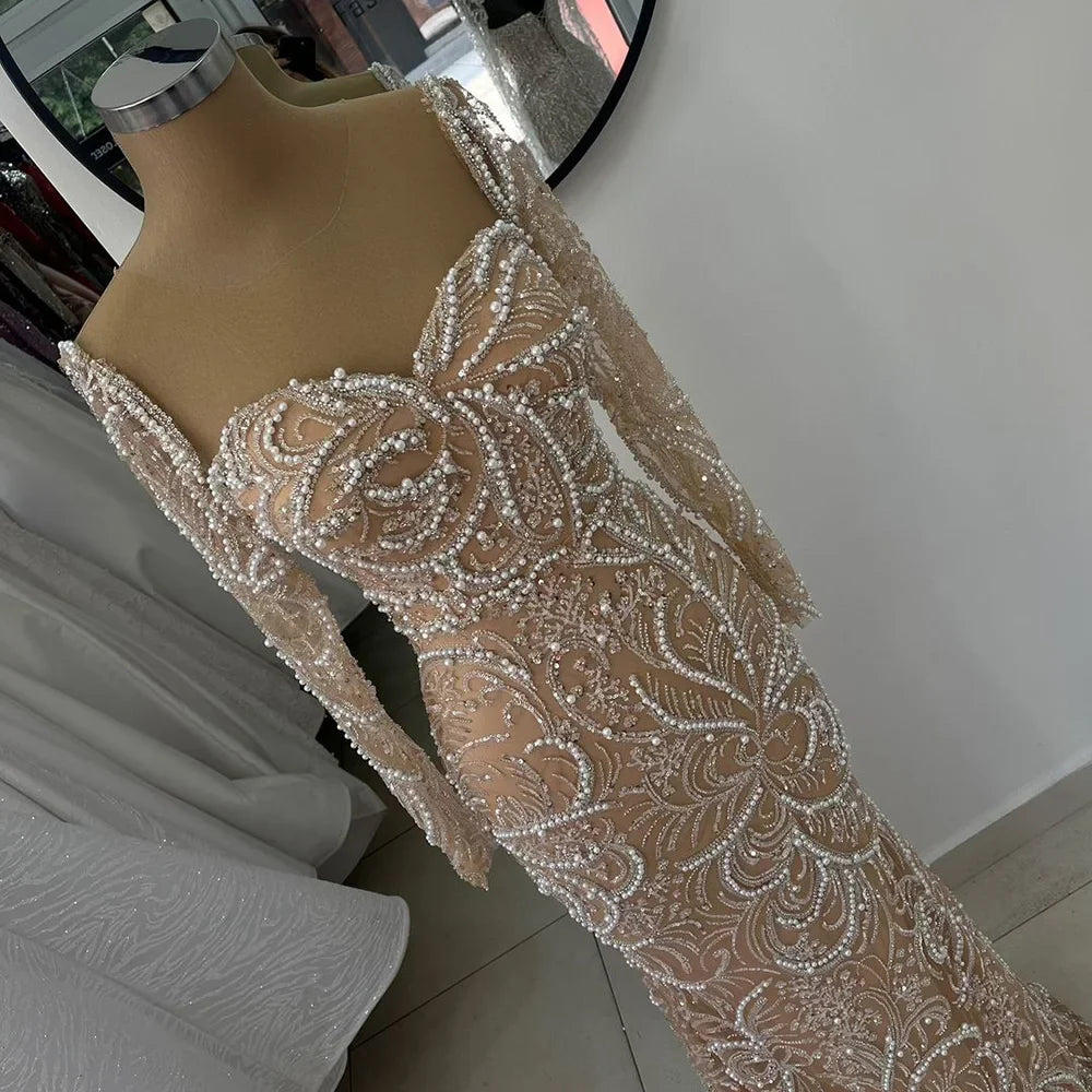 Luxury Dubai  Nude Mermaid Luxury Pearls Beaded Arabic Evening Gowns for Formal Occasion Dress LA72648