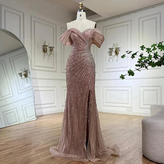 Luxury Off The Shoulder Mermaid Beaded Evening Dress with Side Split for Formal Occasion LA72481