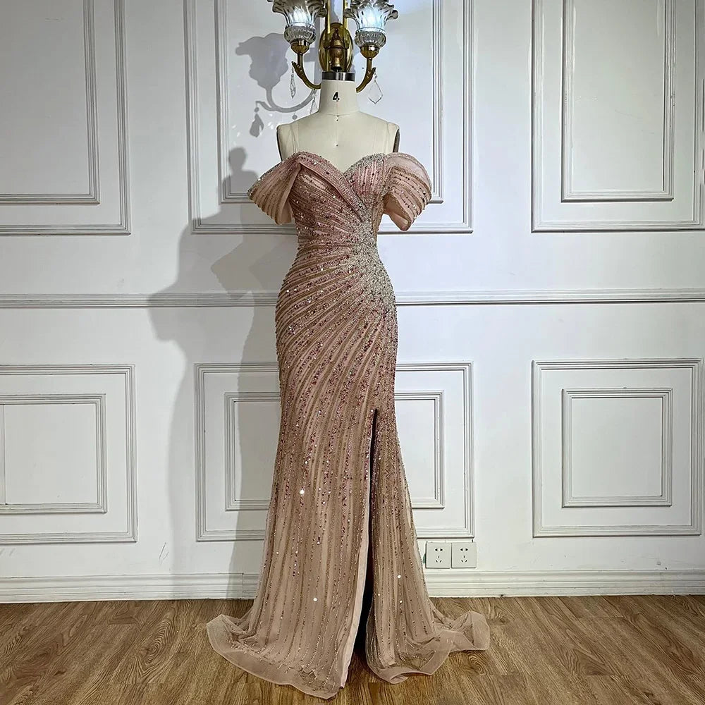 Luxury Off The Shoulder Mermaid Beaded Evening Dress with Side Split for Formal Occasion LA72481