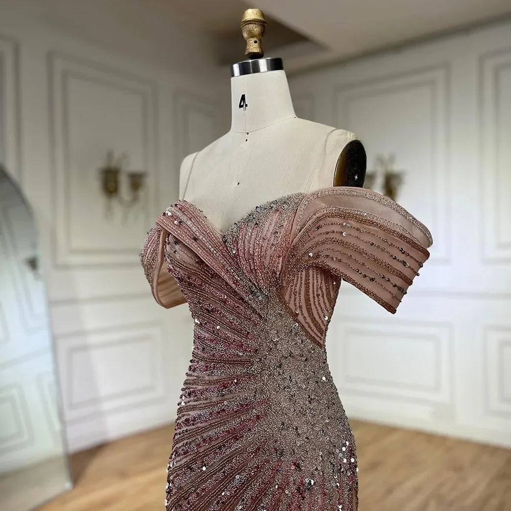 Luxury Off The Shoulder Mermaid Beaded Evening Dress with Side Split for Formal Occasion LA72481