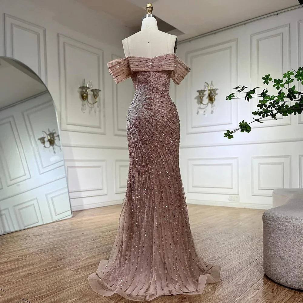Luxury Off The Shoulder Mermaid Beaded Evening Dress with Side Split for Formal Occasion LA72481