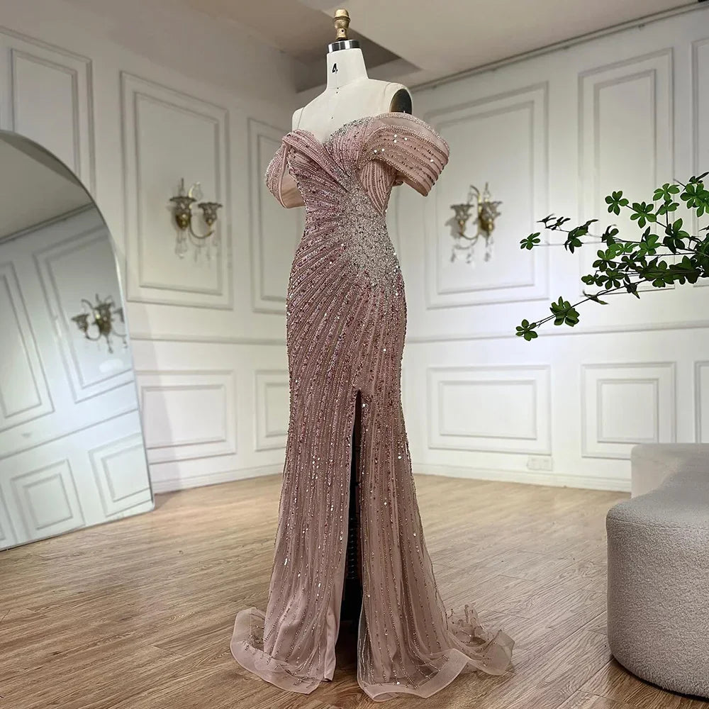 Luxury Off The Shoulder Mermaid Beaded Evening Dress with Side Split for Formal Occasion LA72481