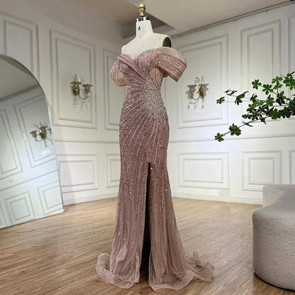 Luxury Off The Shoulder Mermaid Beaded Evening Dress with Side Split for Formal Occasion LA72481