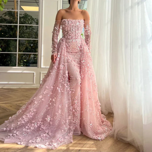 Pink Beaded Mermaid Evening Gown with Overskirt and Appliques LA72641