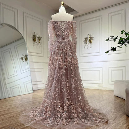 Pink Beaded Mermaid Evening Gown with Overskirt and Appliques LA72641
