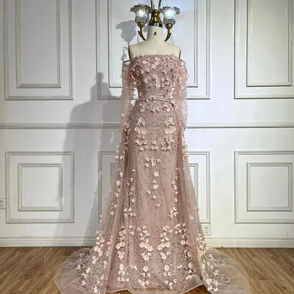 Pink Beaded Mermaid Evening Gown with Overskirt and Appliques LA72641
