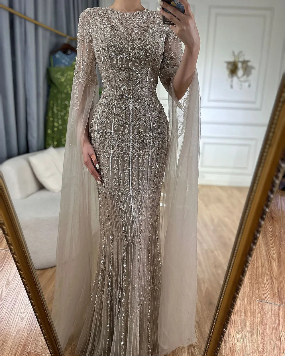 Luxury Caramel Mermaid Crew Neck Cape Sleeve Evening Dress LA72775