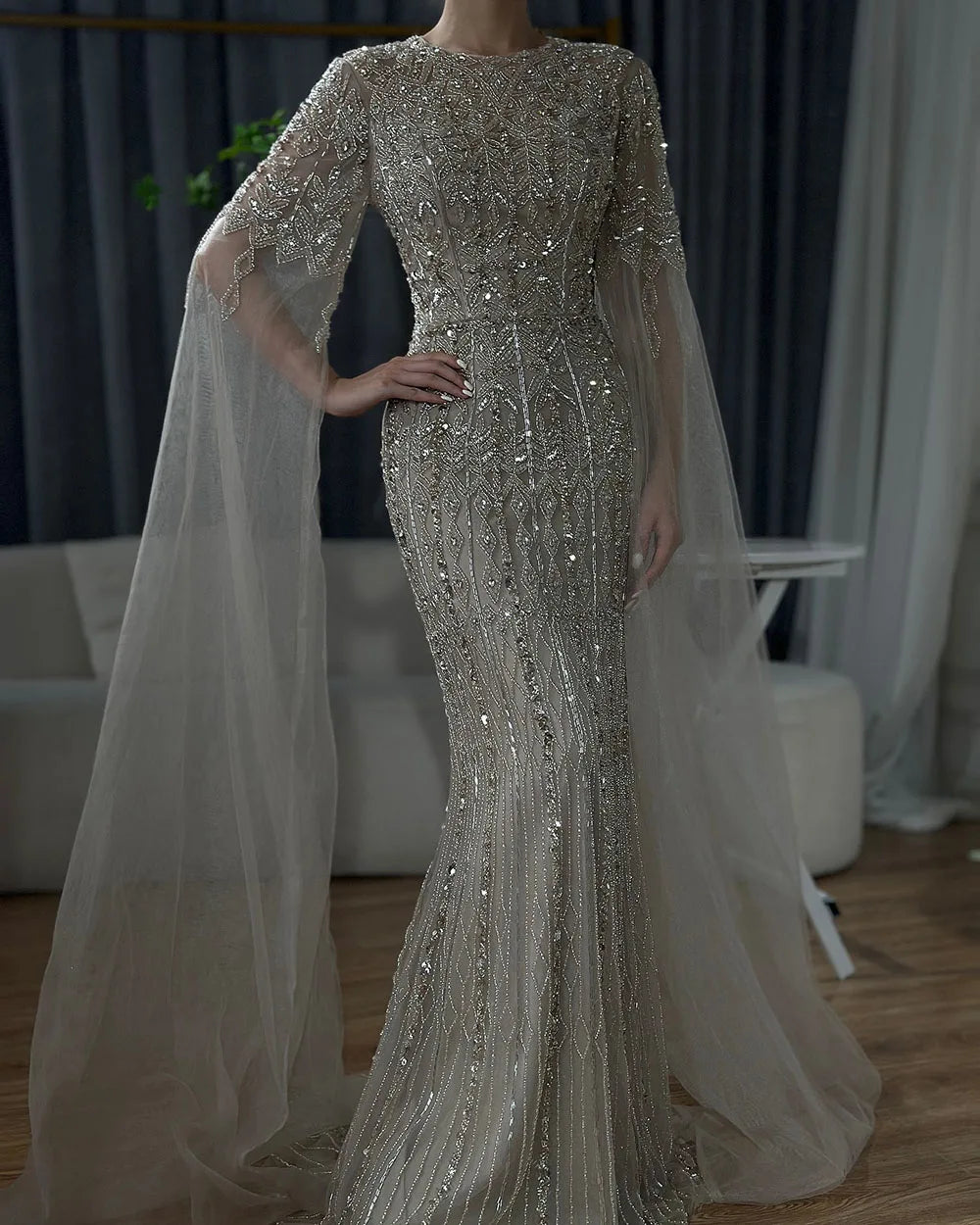 Luxury Caramel Mermaid Crew Neck Cape Sleeve Evening Dress LA72775