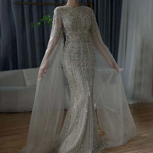 Luxury Caramel Mermaid Crew Neck Cape Sleeve Evening Dress LA72775