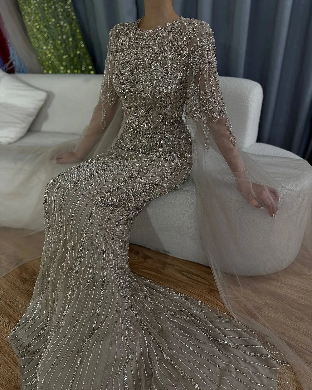 Luxury Caramel Mermaid Crew Neck Cape Sleeve Evening Dress LA72775