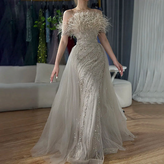 Luxury Dubai Saudi Arabic Beaded Caramel Mermaid Elegant Evening Dresses Gowns with Overskirt LA71634A