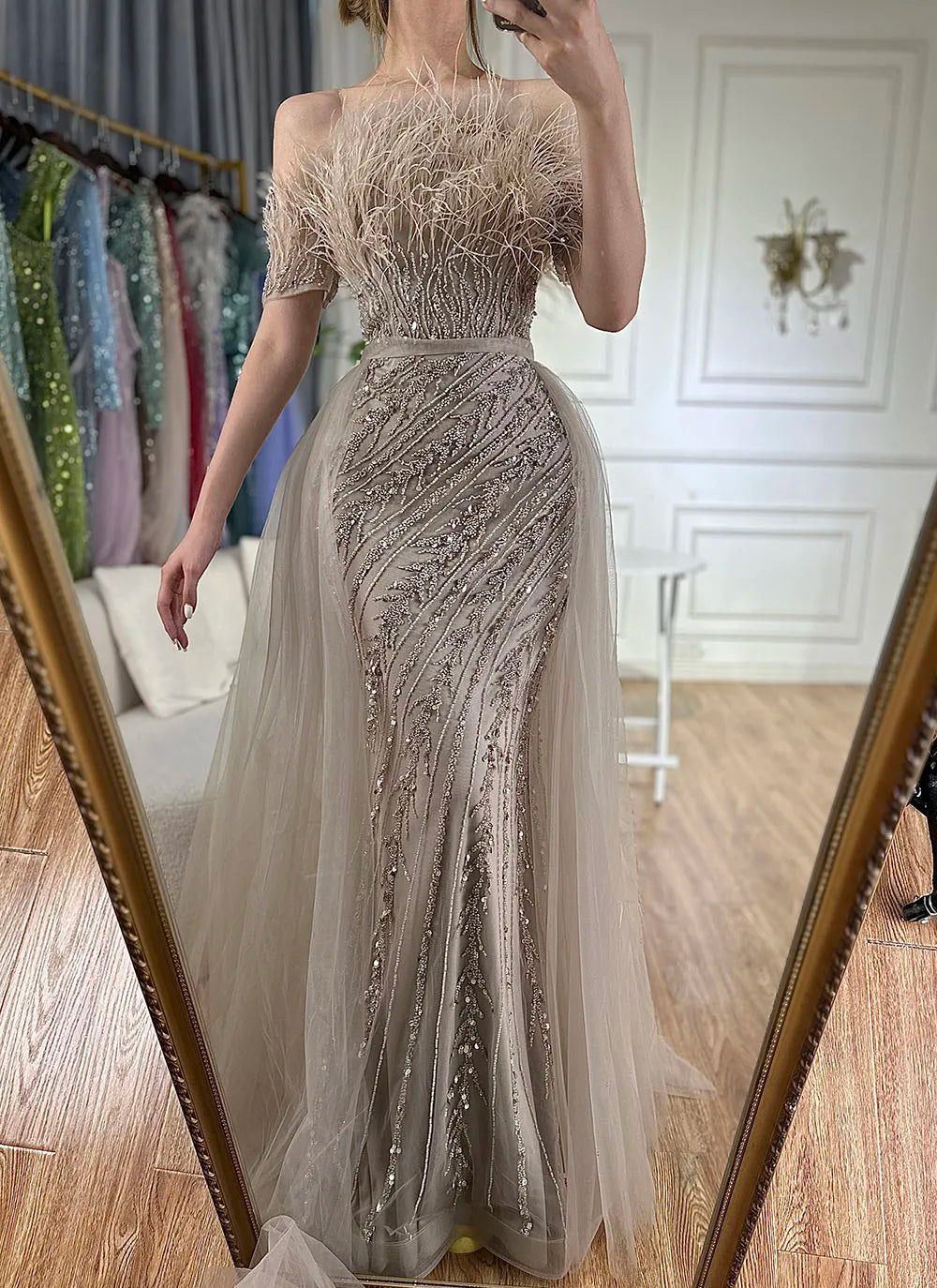 Luxury Dubai Saudi Arabic Beaded Caramel Mermaid Elegant Evening Dresses Gowns with Overskirt LA71634A