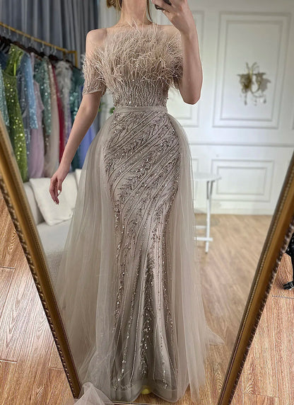 Luxury Dubai Saudi Arabic Beaded Caramel Mermaid Elegant Evening Dresses Gowns with Overskirt LA71634A