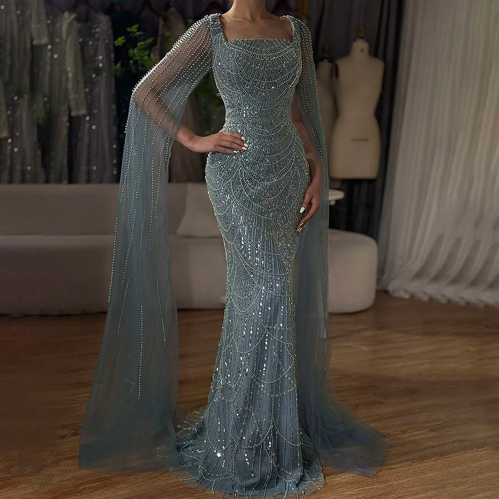 Luxury Turquoise Pearl Arabic Mermaid Evening Dress with Cape Sleeves LA72590A