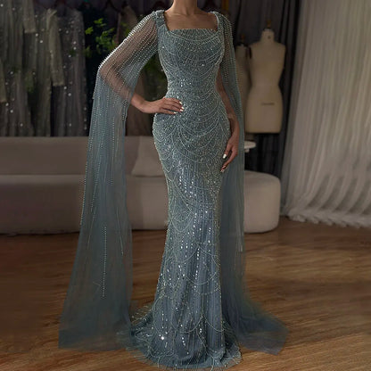 Luxury Turquoise Pearl Arabic Mermaid Evening Dress with Cape Sleeves LA72590A