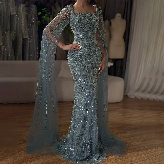 Luxury Turquoise Pearl Arabic Mermaid Evening Dress with Cape Sleeves LA72590A