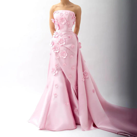 Luxury Pink Ruched Appliques Satin Mermaid Evening Dress Gown Lace-Up Back for Formal Occasion LA72740