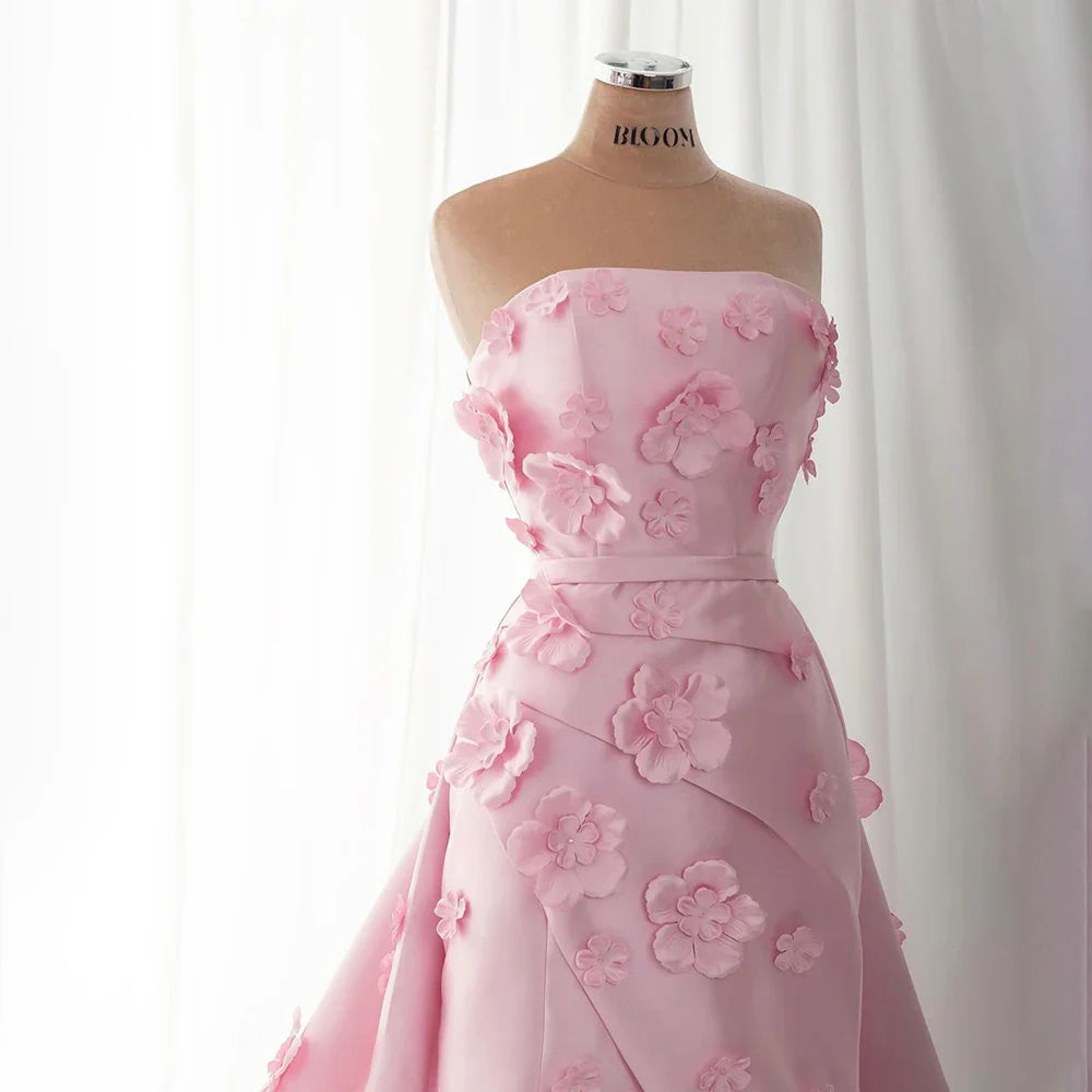 Luxury Pink Ruched Appliques Satin Mermaid Evening Dress Gown Lace-Up Back for Formal Occasion LA72740