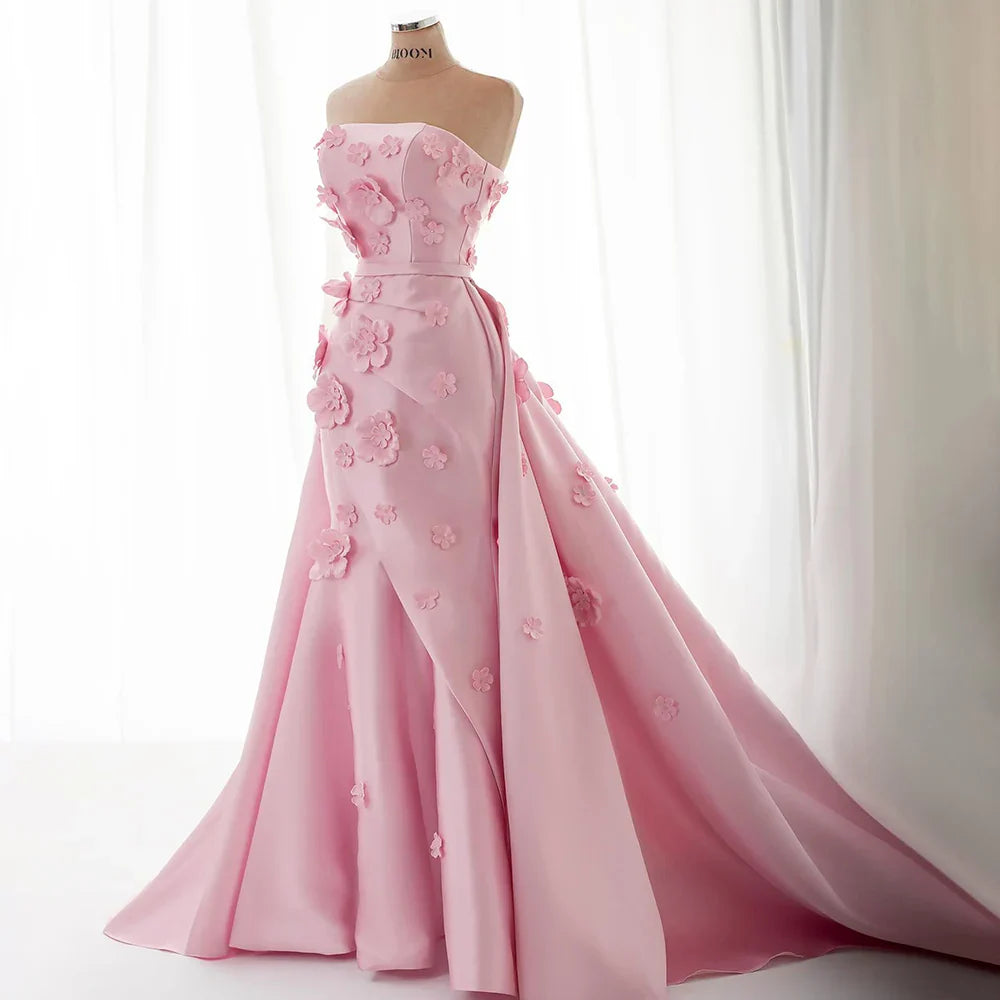 Luxury Pink Ruched Appliques Satin Mermaid Evening Dress Gown Lace-Up Back for Formal Occasion LA72740