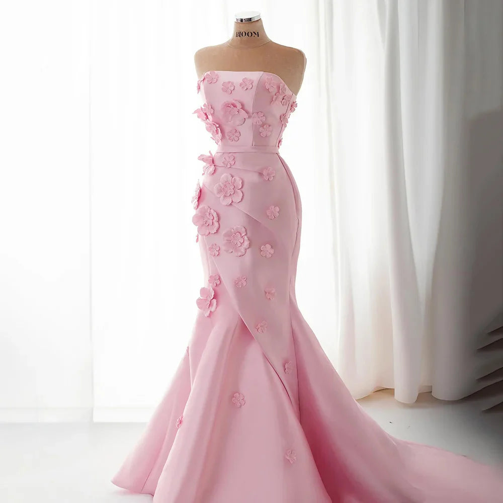 Luxury Pink Ruched Appliques Satin Mermaid Evening Dress Gown Lace-Up Back for Formal Occasion LA72740