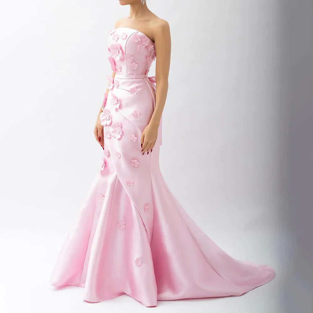 Luxury Pink Ruched Appliques Satin Mermaid Evening Dress Gown Lace-Up Back for Formal Occasion LA72740