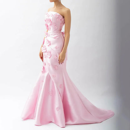 Luxury Pink Ruched Appliques Satin Mermaid Evening Dress Gown Lace-Up Back for Formal Occasion LA72740