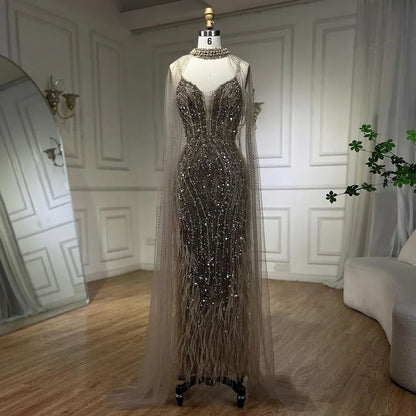 White Nude Beaded Feathers Evening Dress with Cape Sleeves LA72047A