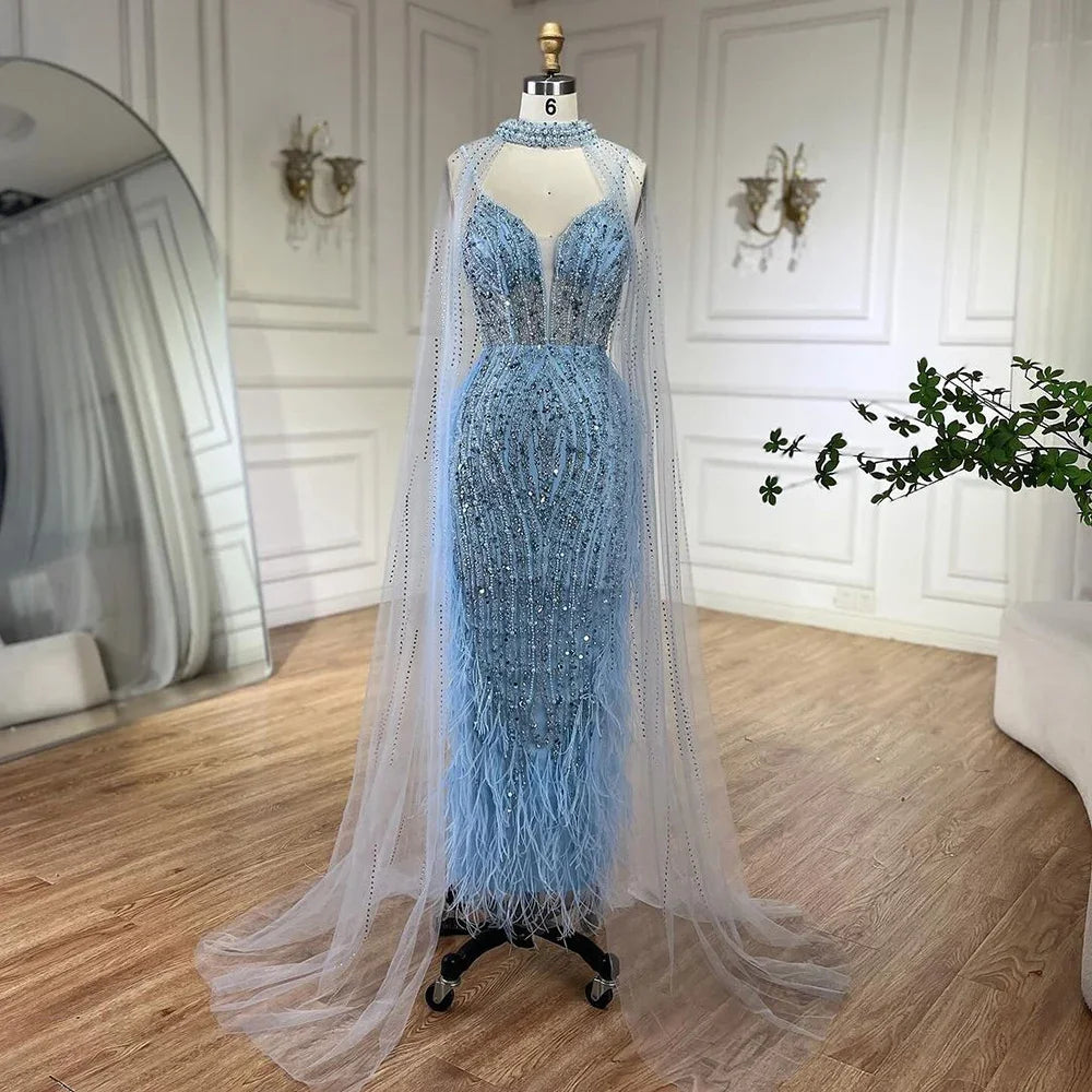 White Nude Beaded Feathers Evening Dress with Cape Sleeves LA72047A