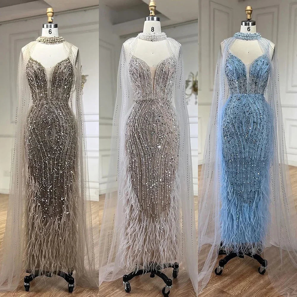 White Nude Beaded Feathers Evening Dress with Cape Sleeves LA72047A