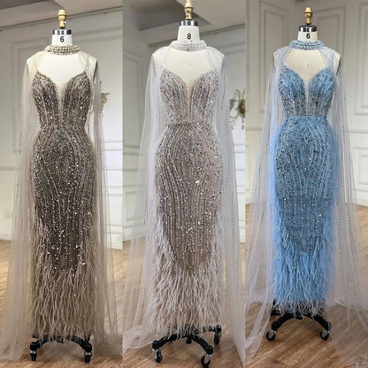 White Nude Beaded Feathers Evening Dress with Cape Sleeves LA72047A