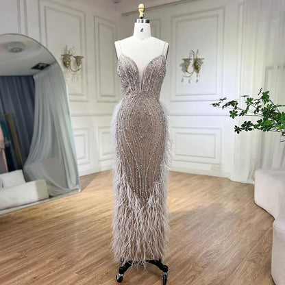 White Nude Beaded Feathers Evening Dress with Cape Sleeves LA72047A
