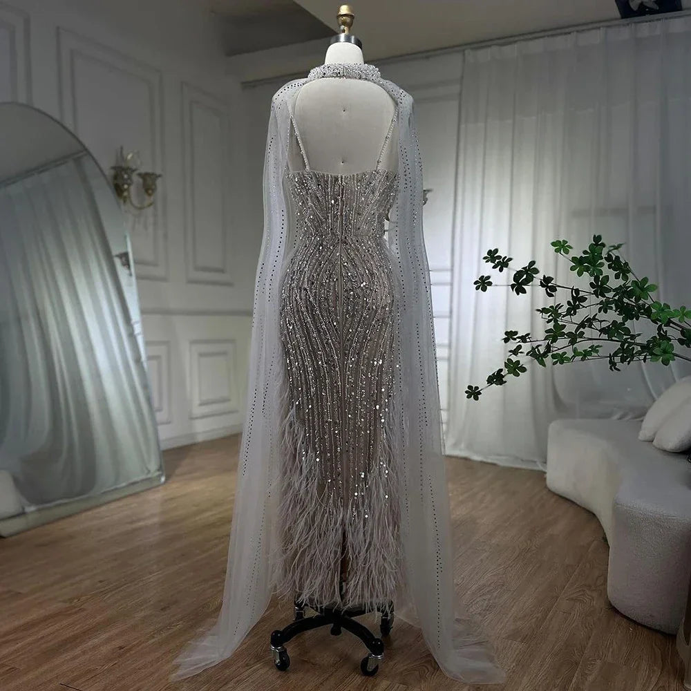 White Nude Beaded Feathers Evening Dress with Cape Sleeves LA72047A
