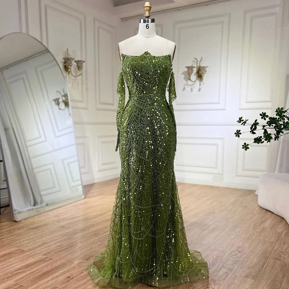 Luxury Pearls Green Mermaid Evening Dress With Gloves Plush Size LA72352