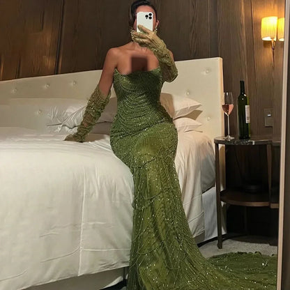Luxury Pearls Green Mermaid Evening Dress With Gloves Plush Size LA72352