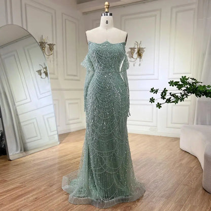 Luxury Pearls Green Mermaid Evening Dress With Gloves Plush Size LA72352
