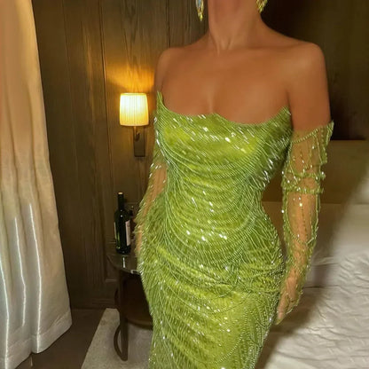 Luxury Pearls Green Mermaid Evening Dress With Gloves Plush Size LA72352