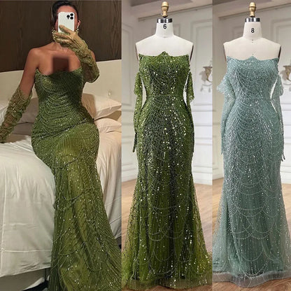 Luxury Pearls Green Mermaid Evening Dress With Gloves Plush Size LA72352