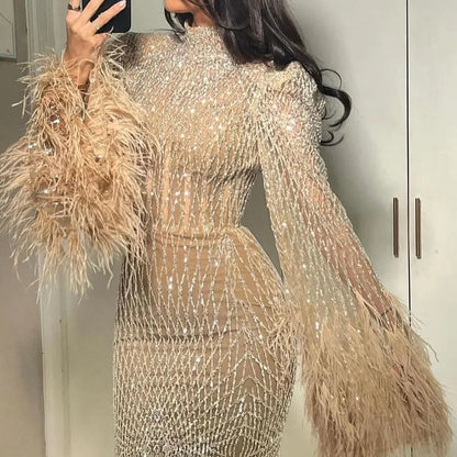 Dubai Nude Illusion Cut Out Lace Beaded Feathers Mermaid Long Evening Dresses LA72394