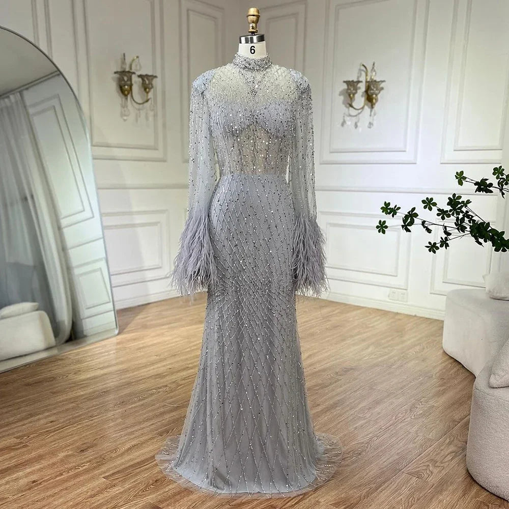 Dubai Nude Illusion Cut Out Lace Beaded Feathers Mermaid Long Evening Dresses LA72394