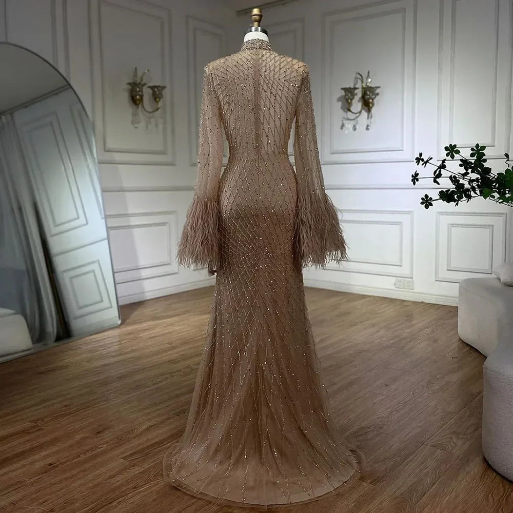 Dubai Nude Illusion Cut Out Lace Beaded Feathers Mermaid Long Evening Dresses LA72394