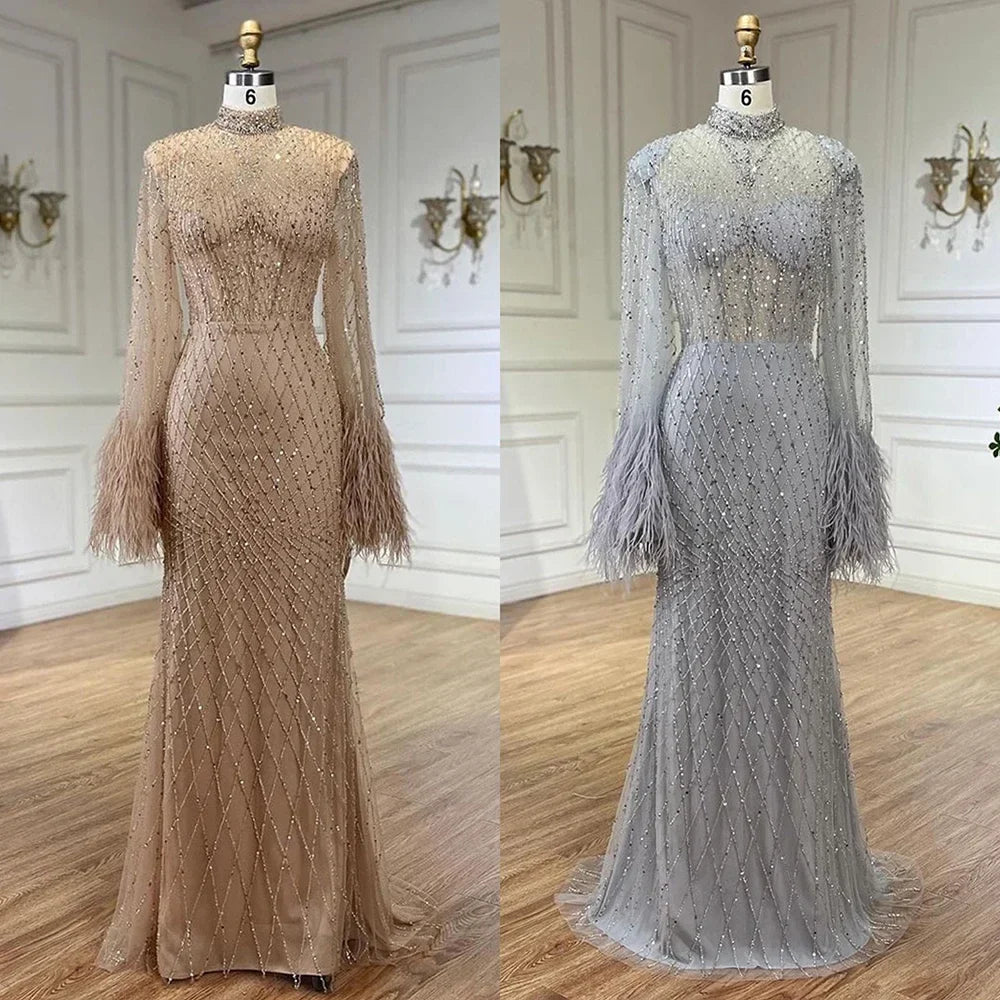 Dubai Nude Illusion Cut Out Lace Beaded Feathers Mermaid Long Evening Dresses LA72394
