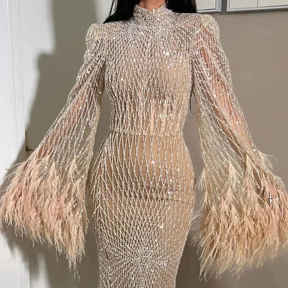 Dubai Nude Illusion Cut Out Lace Beaded Feathers Mermaid Long Evening Dresses LA72394