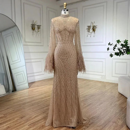 Dubai Nude Illusion Cut Out Lace Beaded Feathers Mermaid Long Evening Dresses LA72394
