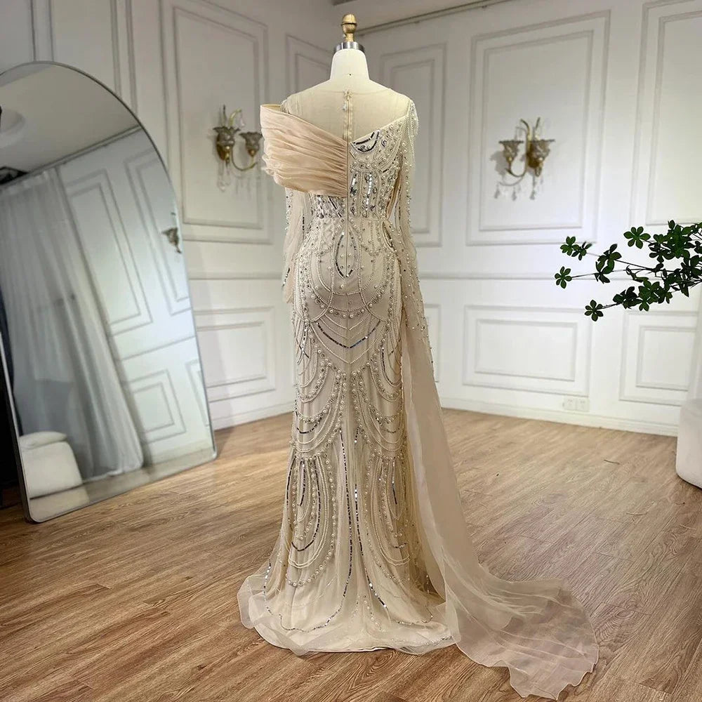 Nude Crystal Mermaid Evening Dress with Overskirt LA72348